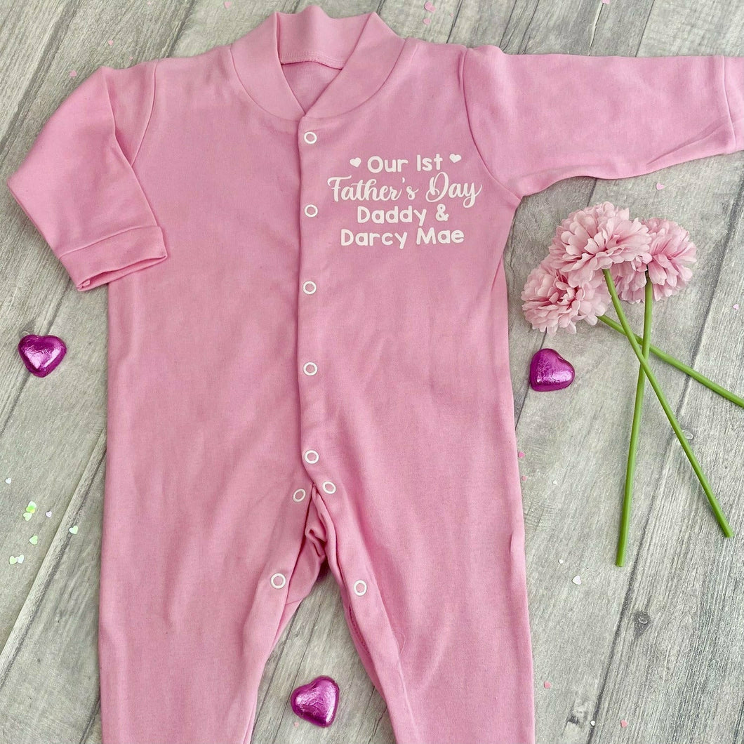 Personalised 'Our 1st Father's Day' Daddy and Baby Name Newborn Baby Girls Sleep Suit