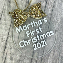 Load image into Gallery viewer, Personalised &#39;First Christmas&#39; Christmas Bauble with Glitter Bow, Christmas Tree Decoration
