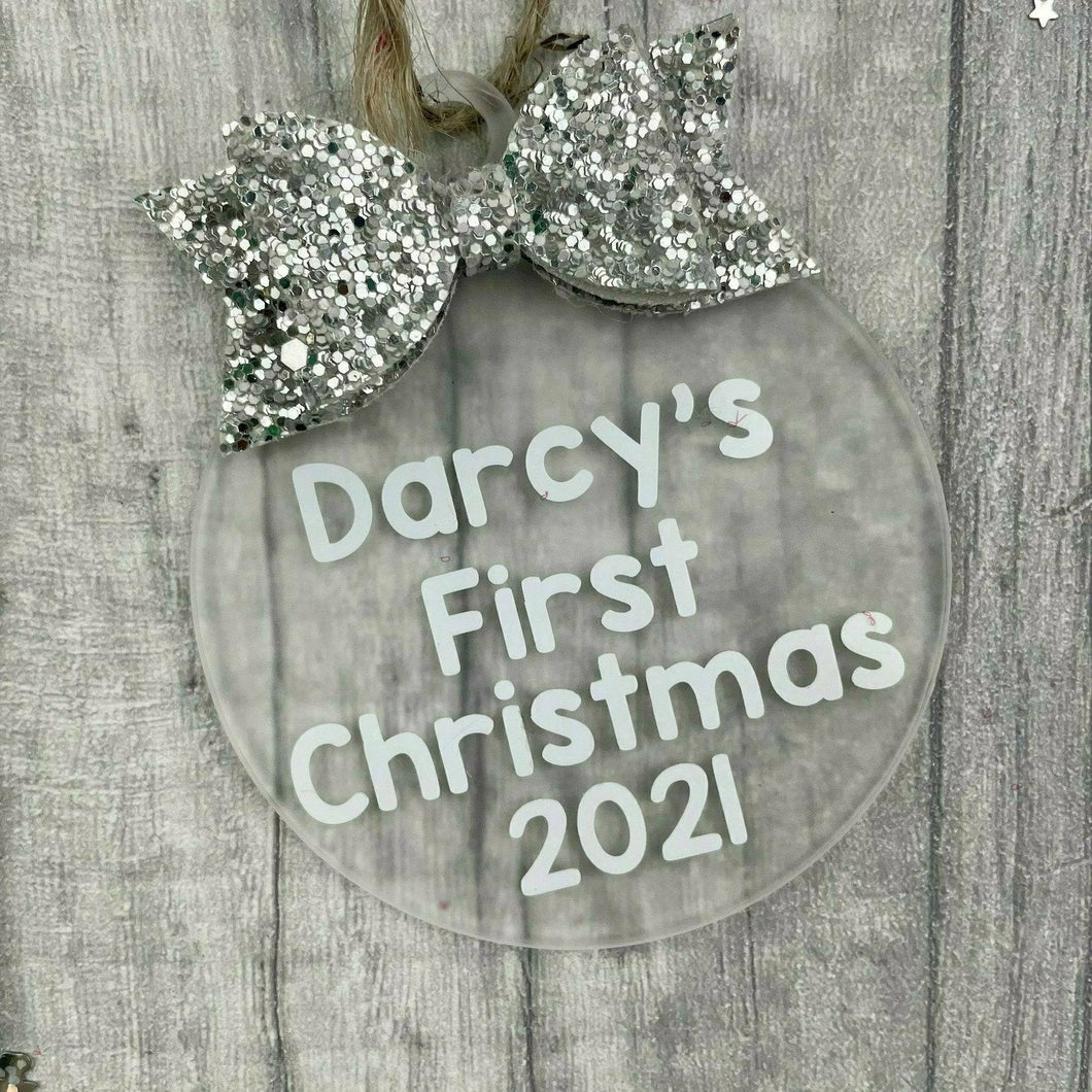 Personalised 'First Christmas' Christmas Bauble with Glitter Bow, Christmas Tree Decoration