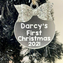 Load image into Gallery viewer, Personalised &#39;First Christmas&#39; Christmas Bauble with Glitter Bow, Christmas Tree Decoration

