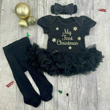 Load image into Gallery viewer,  Baby Girl&#39;s First Christmas Tutu Romper in either Black, Red or Light Pink with Matching Tights and Bow Headband, Gold Glitter Snowflake Design
