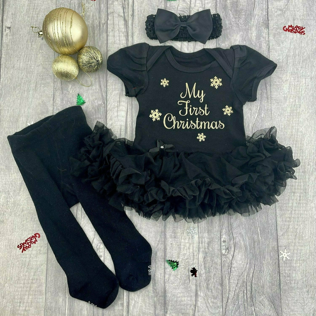  Baby Girl's First Christmas Tutu Romper in either Black, Red or Light Pink with Matching Tights and Bow Headband, Gold Glitter Snowflake Design