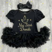 Load image into Gallery viewer, &#39;My First Diwali&#39; Baby Girl&#39;s Tutu Romper With Matching Bow Headband, Gold Glitter Diya/ Candle Design
