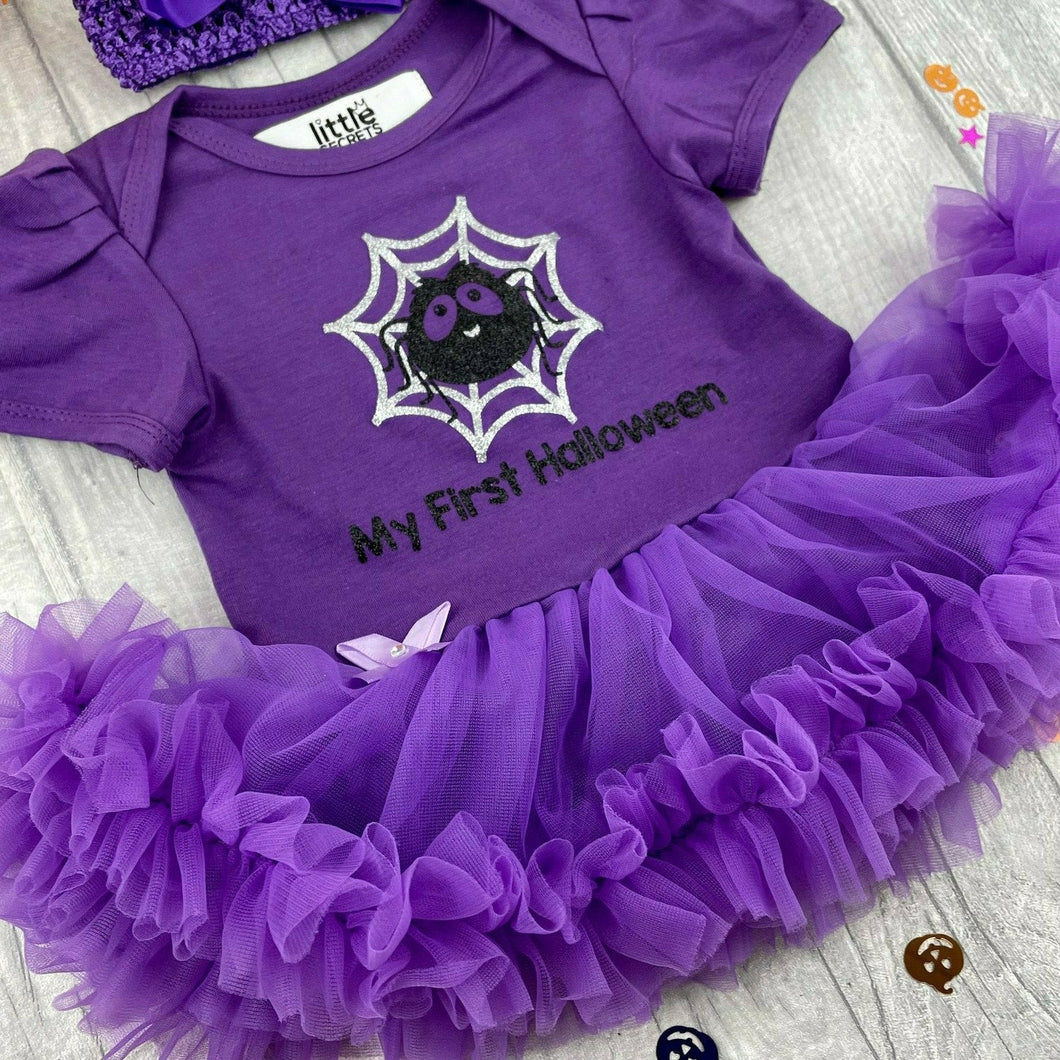 Baby Girl's First Halloween Tutu Romper with Cheeky Spider and Silver Web Design and Matching Bow Headband