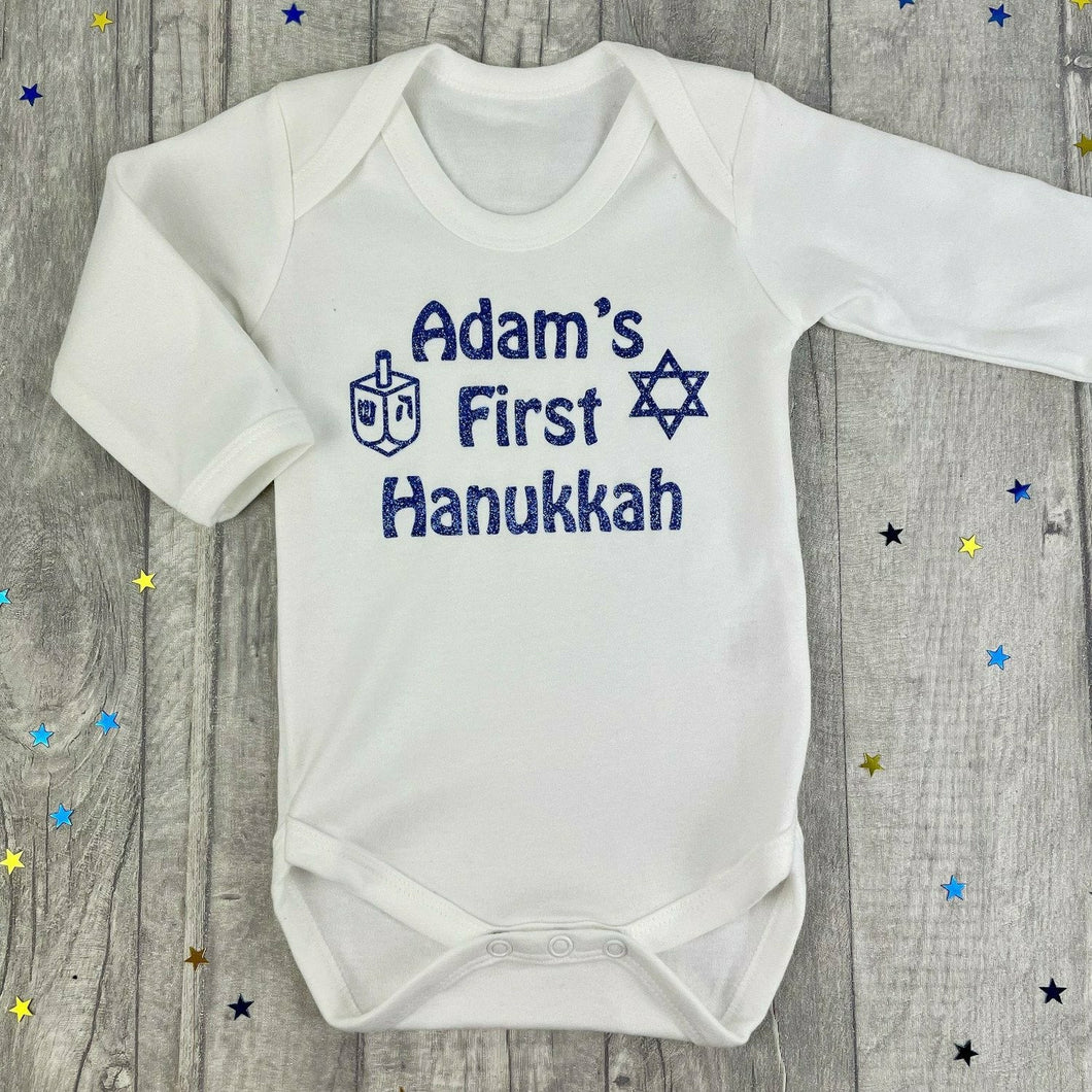 Baby Boy's & Girls First Hanukkah White Long Sleeve Cotton Baby Romper, Jewish Celebration Outfit