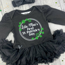Load image into Gallery viewer, Personalised First St. Patrick&#39;s Day Baby Girl Black Tutu Romper, Paddy&#39;s Day Outfit with Matching Bow Headband
