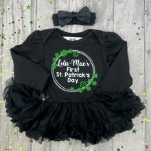Load image into Gallery viewer, Personalised First St. Patrick&#39;s Day Baby Girl Black Tutu Romper, Paddy&#39;s Day Outfit with Matching Bow Headband
