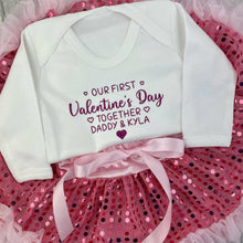 Load image into Gallery viewer, Baby Girls Personalised Our First Valentine&#39;s Day Together White Long Sleeve Romper with Pink Sequin Tutu Skirt Set
