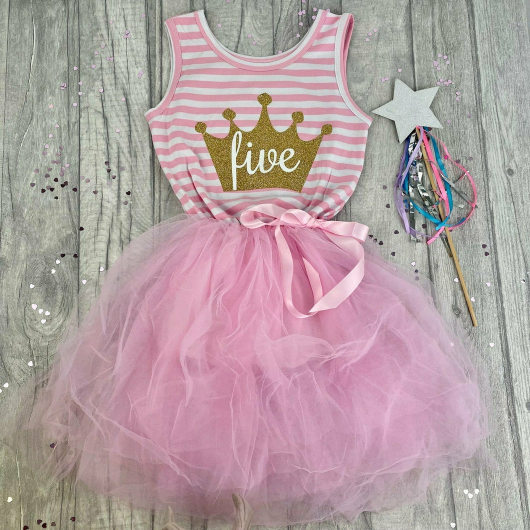 5th Birthday Girls Sleeveless Light Pink Stripy Summer Party Dress With Satin Pink Bow  gold crown with white number five