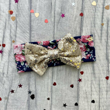 Load image into Gallery viewer, Baby Girl Floral Pattern Headband with Gold Sequin Glitter Bow
