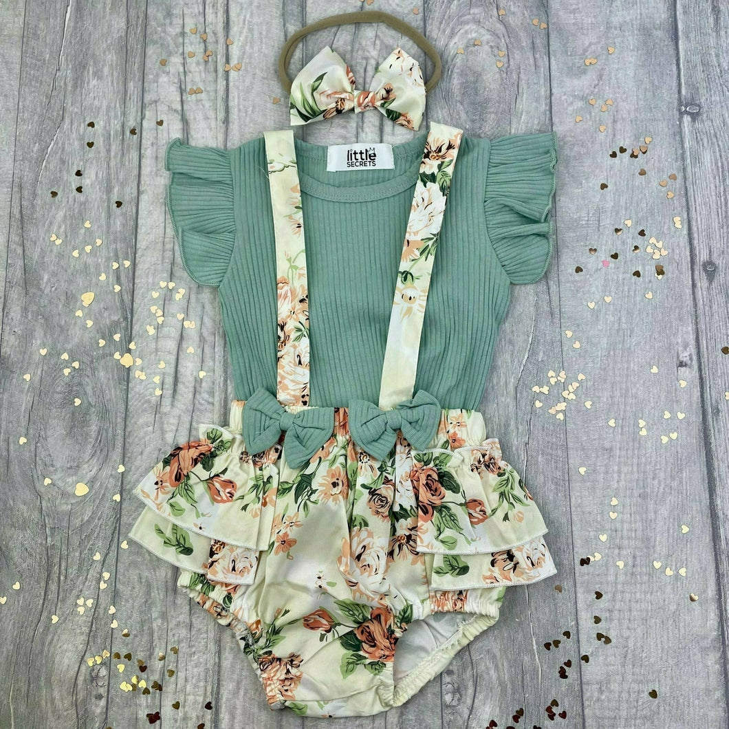 Newborn Baby Girl Boutique Braced Bloomer & T-shirt Set, 3 Piece Set, Floral Print