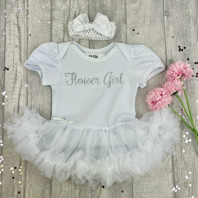 'Flower Girl' Wedding Baby Girl Tutu Romper With Matching Bow Headband