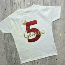 Load image into Gallery viewer, Number and Crown Personalised Birthday White T-shirt Boys &amp; Girls 1-5 years
