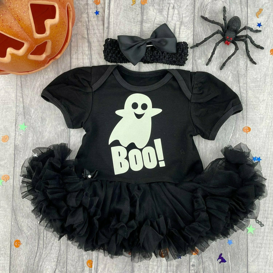 Glow In The Dark Ghost Boo! Halloween Baby Girl Tutu Romper