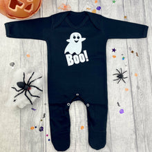 Load image into Gallery viewer, &#39;Boo!&#39; Baby Boy or Girl Full-Body Black Sleepsuit, Friendly White Glitter Halloween Ghost Design
