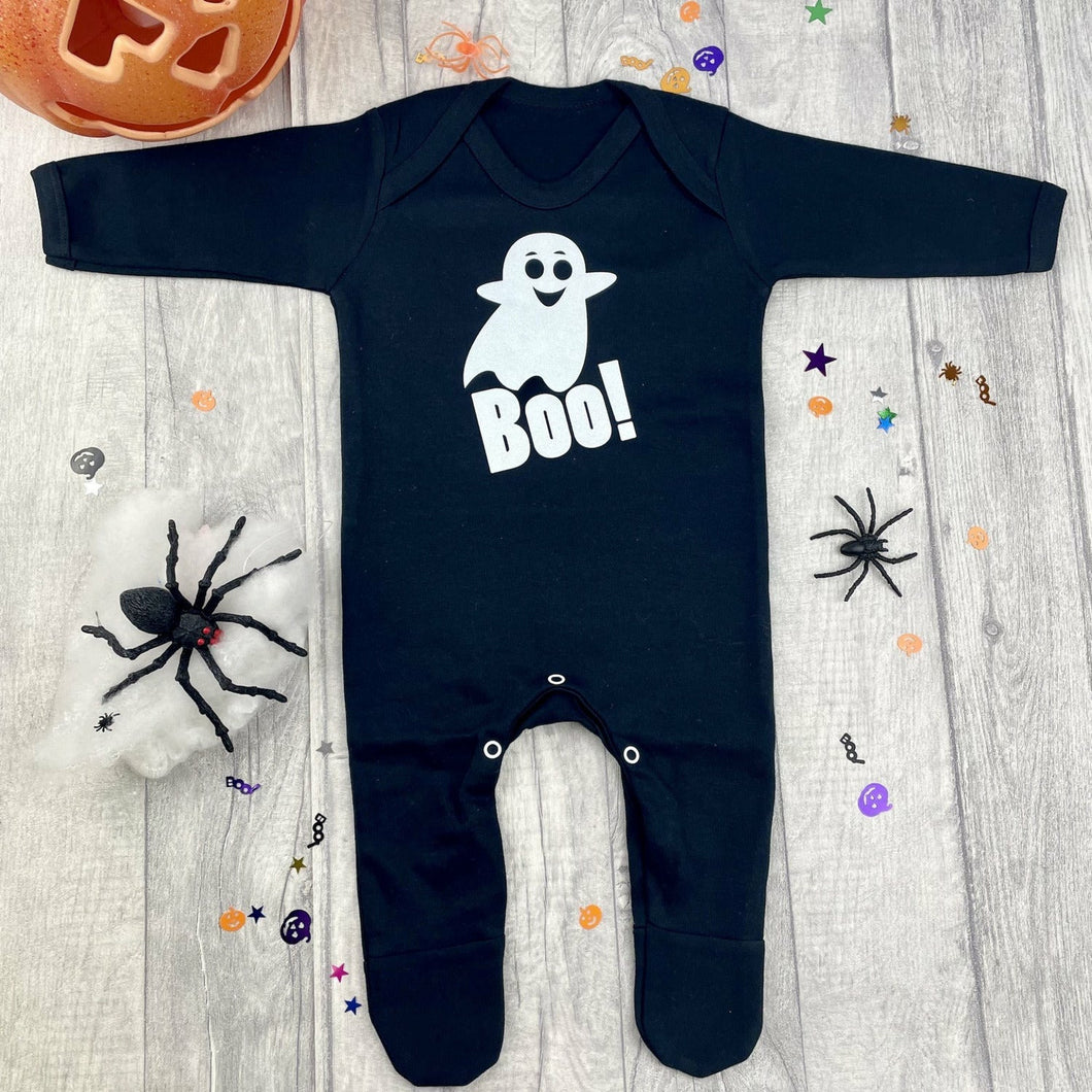 'Boo!' Baby Boy or Girl Full-Body Black Sleepsuit, Friendly White Glitter Halloween Ghost Design