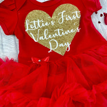 Load image into Gallery viewer, Personalised &#39;1st Valentine&#39;s Day&#39; Baby Girl, Tutu Romper With Matching Bow Headband And Polka Dot Leg Warmers, Gold Heart
