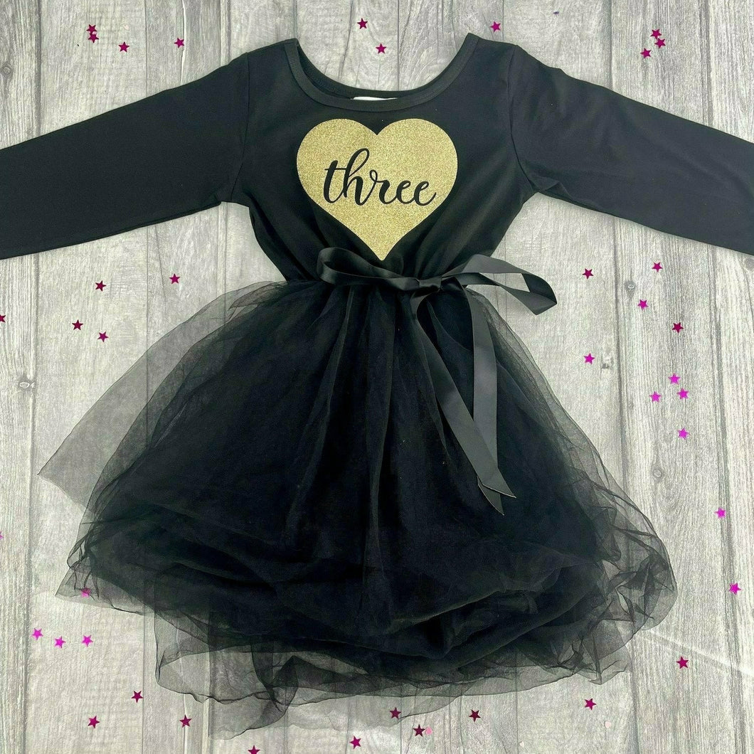 Girls Birthday Dress with Gold Glitter Heart, Black Long Sleeve Party Tutu Dress