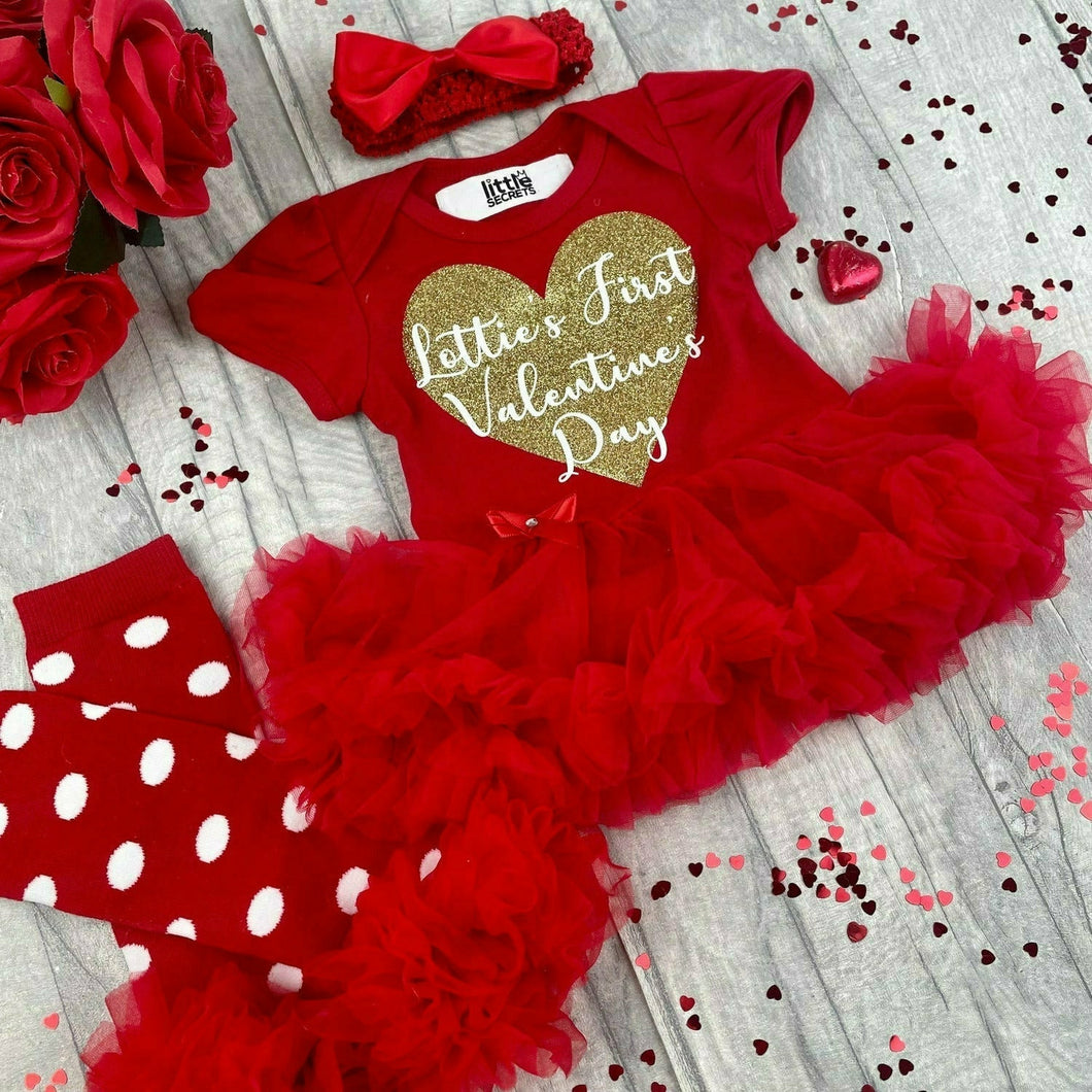 Personalised 1st Valentine's Day Tutu Romper With Matching Bow Headband And Polka Dot Leg Warmers - Little Secrets Clothing