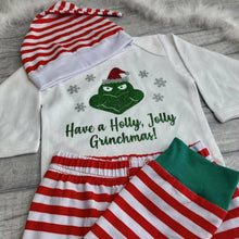 Load image into Gallery viewer, Babies Grinch Christmas Outfit Set, Long Sleeve White Romper With Pants and Hat
