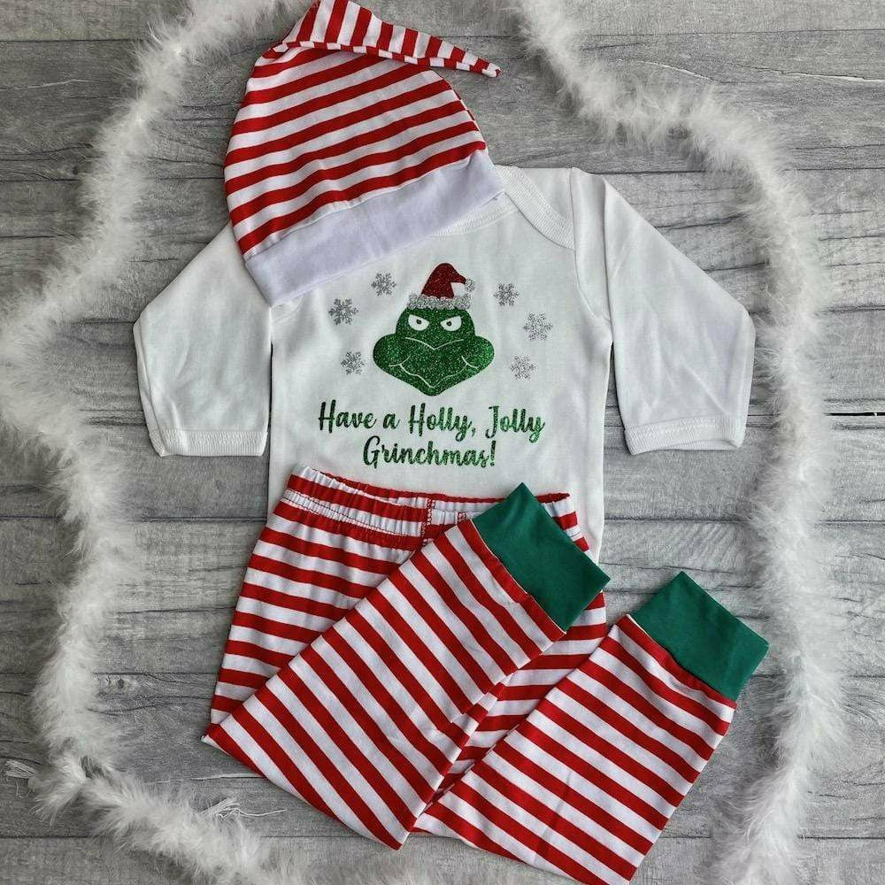 Babies Grinch Christmas Outfit Set, Long Sleeve White Romper With Pants and Hat 