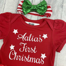 Load image into Gallery viewer, Personalised &#39;First Christmas&#39; Stars Red Baby Girl Tutu Romper With White And Green Sequin Bow Headband
