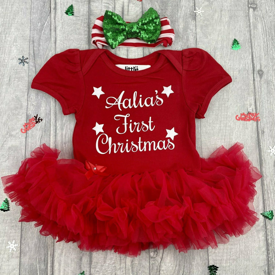 Personalised 'First Christmas' Stars Red Baby Girl Tutu Romper With White And Green Sequin Bow Headband