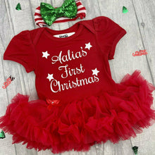 Load image into Gallery viewer, Personalised &#39;First Christmas&#39; Stars Red Baby Girl Tutu Romper With White And Green Sequin Bow Headband
