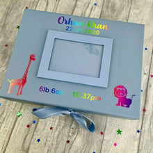 Load image into Gallery viewer, Personalised Newborn Blue A4 Photo Ribbon Box, Keepsake Baby Details Gift Box, Giraffe &amp; Lion
