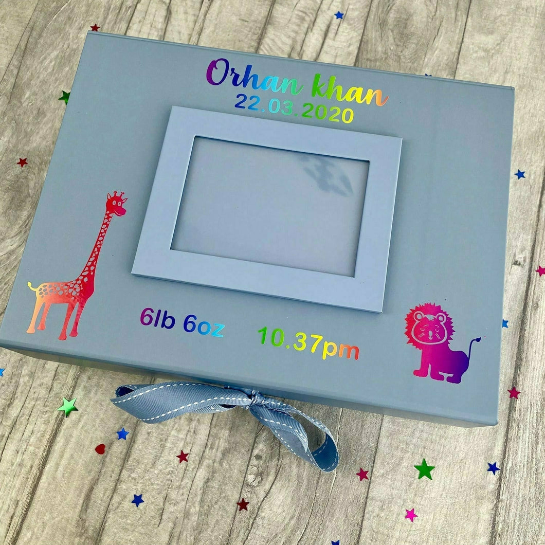 Personalised Newborn Blue A4 Photo Ribbon Box, Keepsake Baby Details Gift Box, Giraffe & Lion