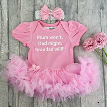 Load image into Gallery viewer, Personalised Mum Won&#39;t, Dad Might, *name* Will! Baby Girl Funny Tutu Romper With Headband - Little Secrets Clothing
