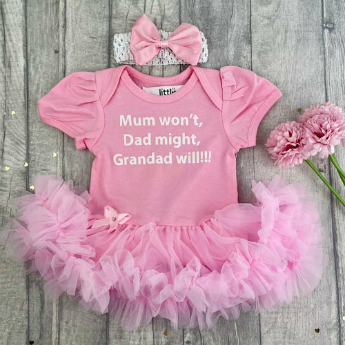 Personalised Mum Won't, Dad Might, *name* Will! Baby Girl Funny Tutu Romper With Headband - Little Secrets Clothing