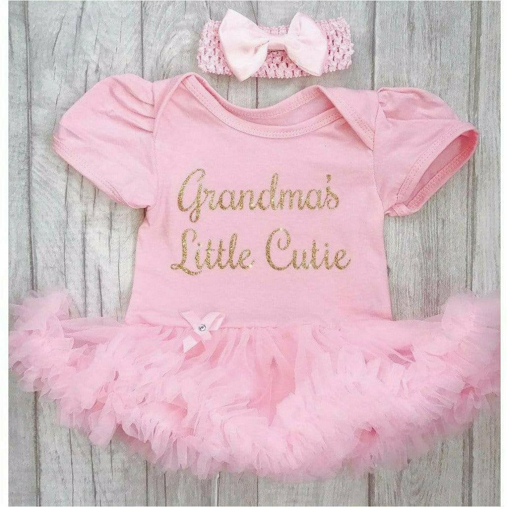 'Grandma's Little Cutie' Baby Girl Tutu Romper With Matching Bow Headband, Light Pink