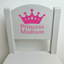 Load image into Gallery viewer, Grey wooden chair with princess crown with personalised name design in hot pink
