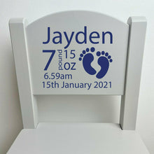 Load image into Gallery viewer, Grey Chair with Name, DOB and Weight Design in Navy
