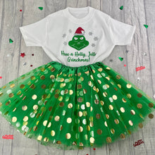 Load image into Gallery viewer, Girls Grinch Christmas Outfit, Have A Holly, Jolly Grinchmas T-Shirt with Tutu Skirt
