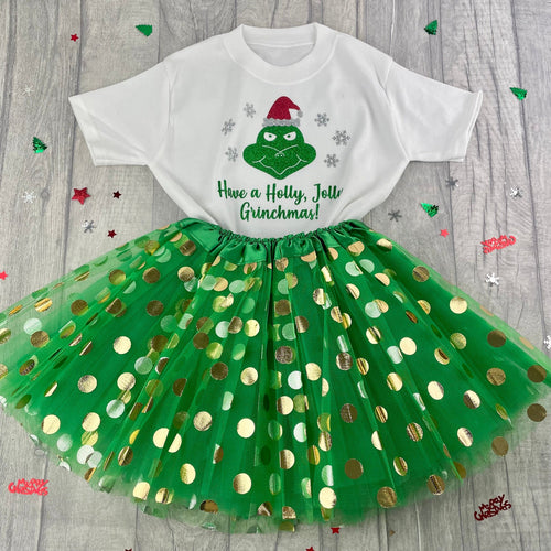 Girls Grinch Christmas Outfit, Have A Holly, Jolly Grinchmas T-Shirt with Tutu Skirt