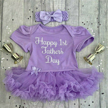Load image into Gallery viewer, Happy 1st Father&#39;s Day Baby Girl Purple Tutu Romper With Matching Bow Headband, White glitter Text
