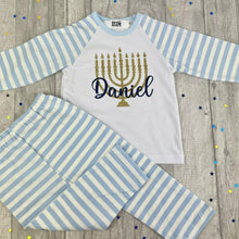 Load image into Gallery viewer, Hanukkah Menorah Pyjamas, Personalised Jewish Celebration PJ&#39;s Boys &amp; Girls
