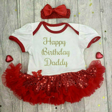Load image into Gallery viewer, &#39;Happy Birthday Daddy&#39; Baby Girl Tutu Romper With Matching Bow Headband, Gold Glitter Design
