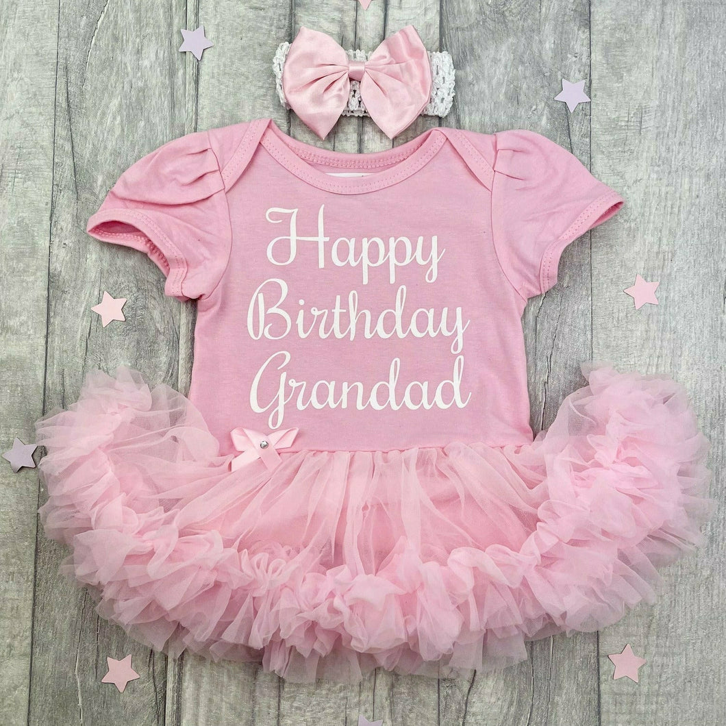 Happy Birthday Grandad Baby Girl Tutu Romper With Matching Bow Headband, White Glitter Design