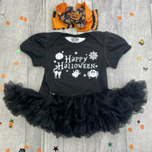 Load image into Gallery viewer, Baby Girl Happy Halloween Outfit, Black Tutu Romper with Matching Pumpkin Bow Headband

