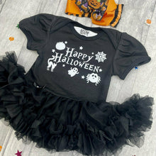 Load image into Gallery viewer, Baby Girl Happy Halloween Outfit, Black Tutu Romper with Matching Pumpkin Bow Headband
