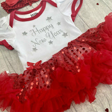 Load image into Gallery viewer, &#39;Happy New Year&#39; Baby Girl Tutu Romper With Matching Bow Headband, Christmas Outfit
