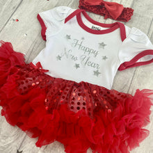Load image into Gallery viewer, &#39;Happy New Year&#39; Baby Girl Tutu Romper With Matching Bow Headband, Christmas Outfit
