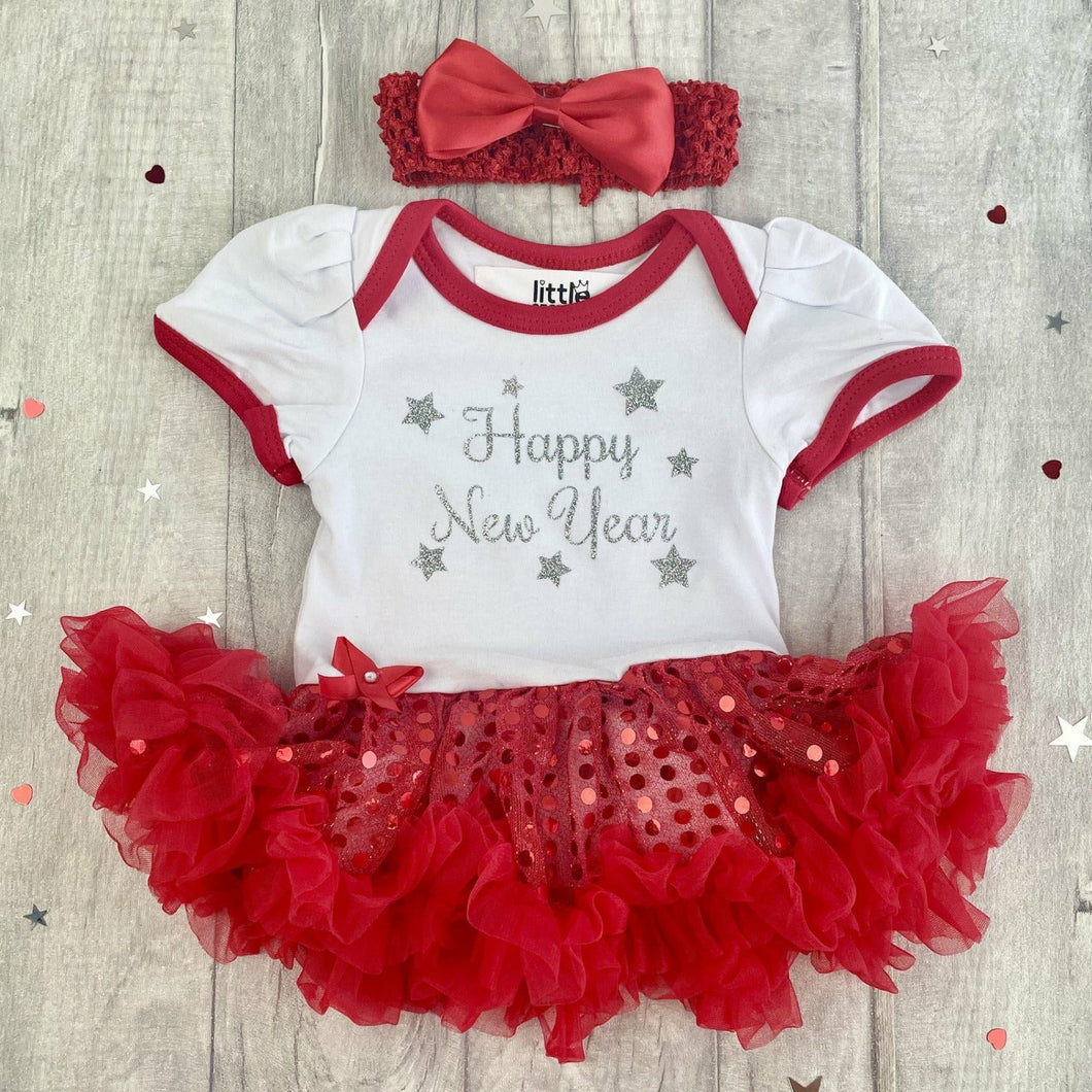 'Happy New Year' Baby Girl Tutu Romper With Matching Bow Headband, Christmas Outfit