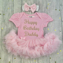 Load image into Gallery viewer, &#39;Happy Birthday Daddy&#39; Baby Girl Tutu Romper With Matching Bow Headband, Gold Glitter Design
