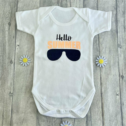 'Hello Summer' Baby Boy Short Sleeve White Romper, Cool Summer Sunglasses Design in Bright Orange and Black Glitter