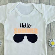 Load image into Gallery viewer, &#39;Hello Summer&#39; Baby Boy Short Sleeve White Romper, Cool Summer Sunglasses Design in Bright Orange and Black Glitter
