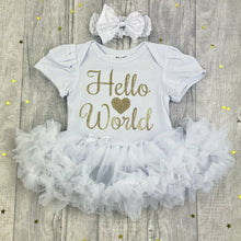 Load image into Gallery viewer, &#39;Hello World&#39; Baby Girl Tutu Romper With Matching Bow Headband
